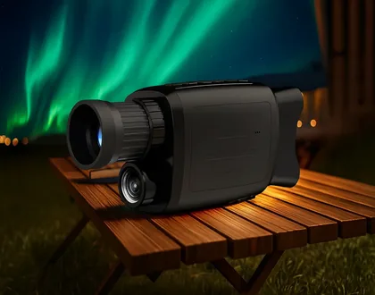 Lumescope resting on a wooden table outdoors under a green and violet northern lights sky
