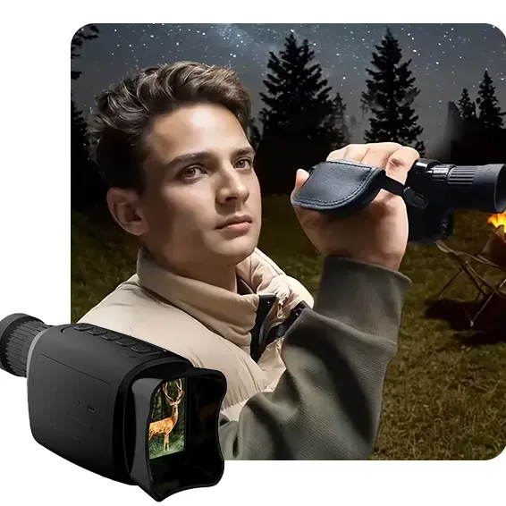 Man scanning a dark field at night with the Lumescope night vision monocular